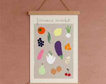 May include: A framed print featuring a collection of colorful, illustrated produce. The artwork includes a tomato, lemon, eggplant, berries, and more. The words "farmers market" are written in cursive at the top of the print.