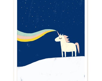 Print "Unicorn" | Artprint | Children's poster | Posters | Illustration | Rainbow | dream world | Dreaming | horse | Nursery | At night | Art