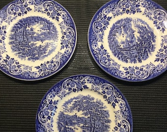 Broadhurst Ironstone The English Scene dinner plate, dark blue transfer ware. Castle, lake, fishermen and trees, c 1970s - 9 5/8&quot;