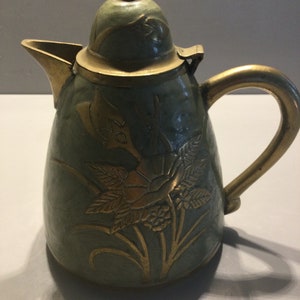 brass and etched  enamel coffee / tea pot