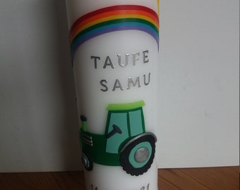 Kerze Traktor mit Regenbogen und Sonne, Kerze zur Taufe, zum Geburtstag oder zur Konfirmation, Taufkerze, Konfirmationskerze, Handarbeit