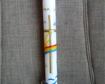Kommunionskerze oder Taufkerze, Kerze mit Regenbogen handgemacht 40 x 4 cm weiß mit Name und Datum