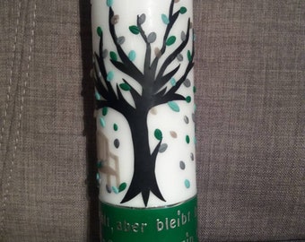 Trauerkerze Kerze mit Baum, Blättern, Vögeln, Name und Datum, Kerze zur Beerdigung