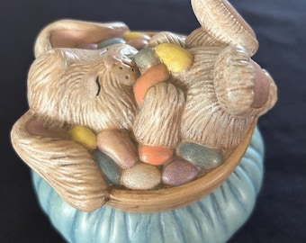 Vintage 1986 Dona’s Molds Inc Ceramic Hand Painted Easter Bunny Lidded Trinket Jar Sleepy Rabbit Easter Eggs Candy Dish