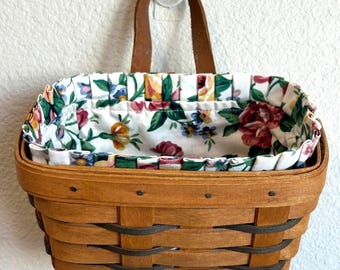 Vintage 1999 Signed Longaberger Hanging Basket With Leather Handle Floral Cloth Liner