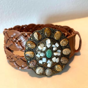 CAbi Mosaic Statement Belt Size M Brown Leather‎ Turquoise Stone Wood Bead Boho Bohemian Statement Belt Mosaic Stone & Crystal Buckle  main image 2