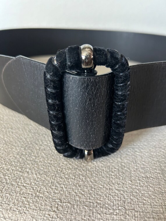 Women's Black Retro Mod Leather Wide Belt with Sl… - image 2