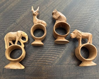 Lot 4 Hand Carved Wood African Safari Jungle Animals Napkin Rings Footed