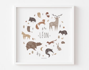 Affiche enfant animaux de la forêt personnalisable, affiche enfant prénom, affiche enfant renard, cerf, affiche naissance animaux des bois