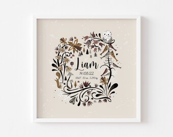 affiche naissance animaux forêt, affiche prénom forêt, cadeau naissance, affiche naissance bébé animaux