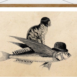 Cat and Flying Fish Collage Poster Wall Decoration Christmas Vintage Art