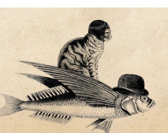 Affiche de collage de chat et de poisson volant pour décoration murale de Noël