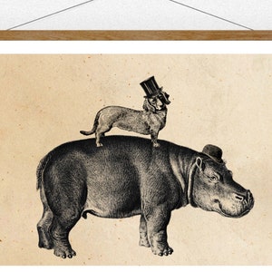 Poster Print Dackel und Nilpferd Vintage Collage Bild Illustration Poster Wanddeko Tierposter Wandkunst Vintage