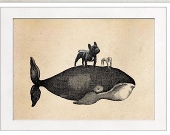 Vintage Print French Bulldog and Whale Collage Poster Lexicon Wall Decoration