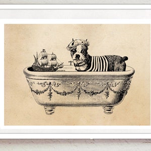 Vintage print boston terrier bathes collage poster bathroom encyclopedia wall decor sailor maritime
