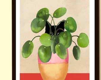 Print cat black lucky coin money tree Pilea UFO plant and houseplant pancake plant art collage poster wall decoration wall art
