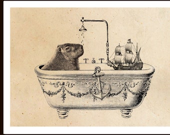 Vintage Print Capybara Wasserschwein badet Collage Poster Lexikon Wanddekoration Hund Bad Badezimmer Deko