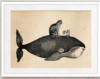 Vintage Print Cat and Whale Collage Poster Encyclopedia Wall Decoration