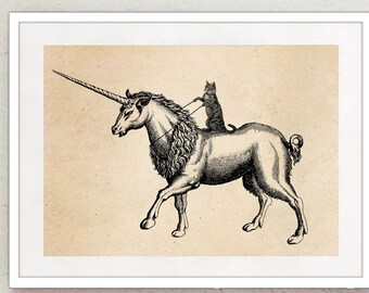 Vintage Print Cat and Unicorn Collage Poster Lexicon Wall Decoration Vintage Poster Vintage Decoration