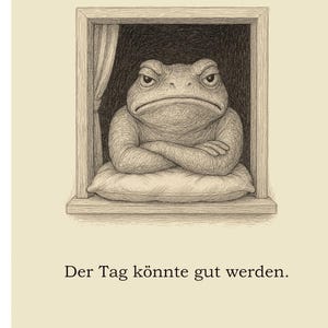 Könnte beinhalten: Gerahmter Kunstdruck mit einer Illustration einer grimmigen Froschfigur im Fenster. Der Frosch, in Schwarz-Weiß, hat die Arme verschränkt. Der Text "Der Tag könnte gut werden" steht unten auf dem Bild.