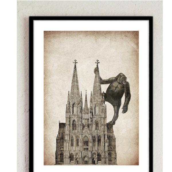 Vintage Print Gorilla auf dem Kölner Dom Collage Poster Lexikon Wanddekoration