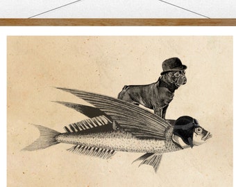 Print Bulldogge und fliegender Fisch. Collage Bild Illustration Poster Wanddeko Tierposter Wandkunst Vintage