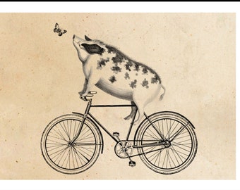 Poster Vintage Print  Schwein fährt Rad Fahrrad Collage Poster Lexikon Wanddekoration Vintage Poster Vintage Deko