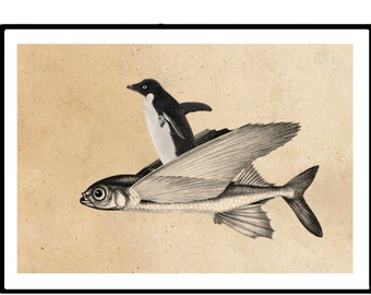 Vintage Print Pinguin und fliegender Fisch Collage König der LüftePoster Lexikon Wanddekoration Wandkunst penguin