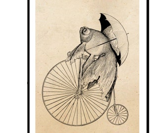 Poster Vintage Print  Goldfisch fährt Rad Fahrrad Hochrad Collage Poster Lexikon Wanddekoration Vintage Poster Vintage Deko
