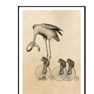 Poster Flamingo und Froschparade Frosch Frösche Wandschmuck Fahrrad Wanddekoration Vintage Wanddeko Tierposter Tierbaby