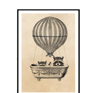 Affiche murale imprimée Vintage, ratons laveurs volants, Collage, lexique, décoration murale, ballon à Air chaud