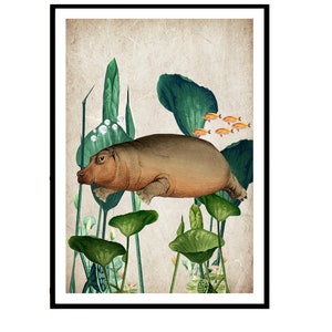 Print diving hippopotamus vintage collage picture illustration mini poster wall decoration wall art