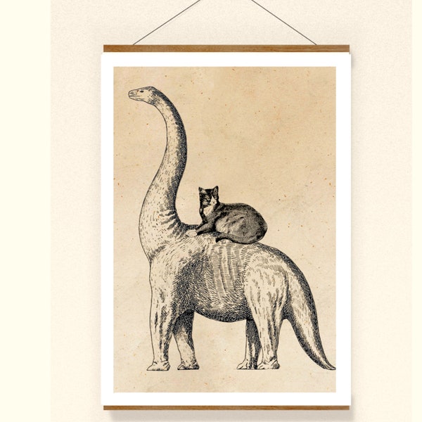 Vintage Print Katze und Brontosaurus Collage Poster Lexikon Wanddekoration Wandkunst Saurier Dinosaurier