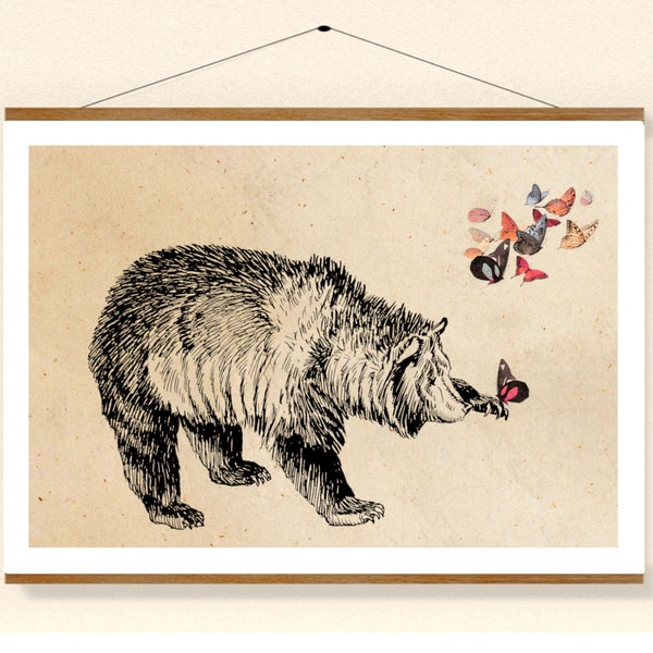 Vintage Print Grizzly und Schmetterling Collage Bär Poster Wanddekoration Poster Wandkunst Wanddeko Wohnzimmer