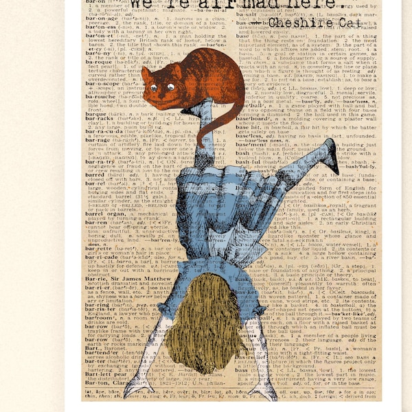 Retro Poster Vintage Alice und Grinsekatze im Wunderland  Dictionary Wörterbuch Wanddeko Wandkunst Poster A4