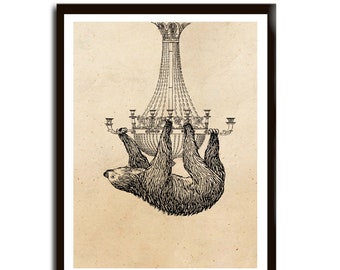 Vintage Print Sloth Hanging on Chandelier Collage Poster Wall Decor