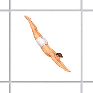 Könnte beinhalten: Eine quadratische weiße Fliese mit einer zentrierten Illustration einer Person, die kopfüber mit nach vorne gestreckten Armen springt. Die Figur hat helle Haut, dunkles Haar und trägt eine weiße Badehose in einer Sprungbewegung.
