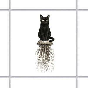 Può includere: Illustrazione di un gatto nero seduto su una medusa. Il gatto è raffigurato con dettagli di pelliccia e occhi luminosi. La medusa ha lunghi tentacoli fluenti. L'opera d'arte è su sfondo bianco, incorniciata da una griglia.