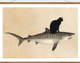 May include: A black cat sits on the back of a tiger shark, both rendered in a black and white illustration style. The image has a vintage, almost antique, feel.