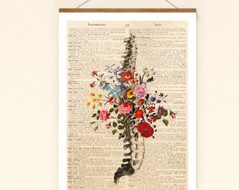 Vintage poster flowers and spine anatomical drawing wall decoration