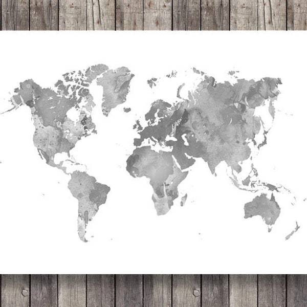 Affiche carte du monde gris aquarelle décoration murale différentes tailles