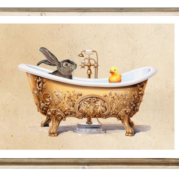 Vintage Print Kaninchen badet Collage Poster Lexikon Wanddekoration Hase Bad Badezimmer Deko