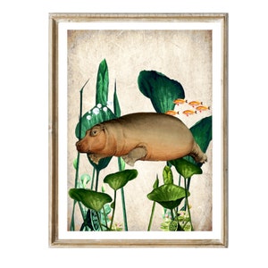 Impresión de hipopótamo de buceo vintage collage imagen ilustración mini cartel decoración de pared arte de pared imagen 4