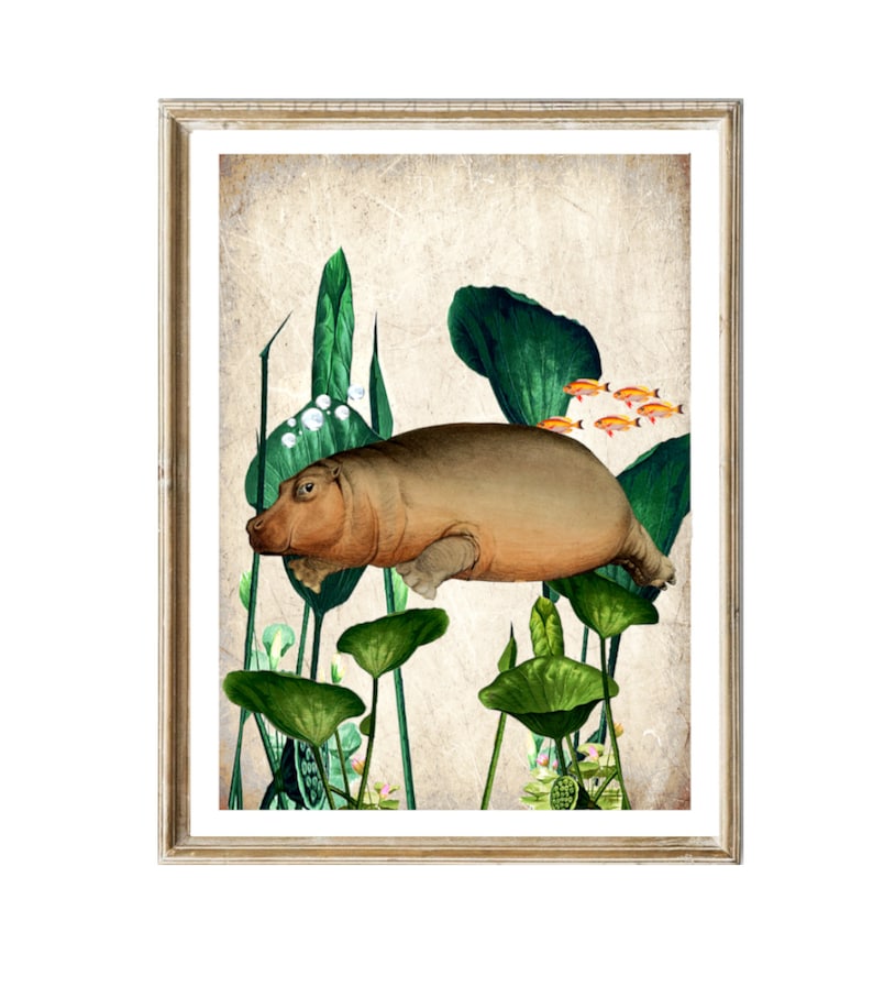 Impresión de hipopótamo de buceo vintage collage imagen ilustración mini cartel decoración de pared arte de pared imagen 4