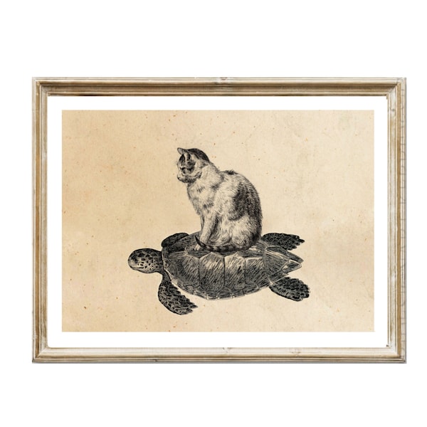 Vintage print kat en zeeschildpad collage poster wanddecoratie muur kunst kat poster wanddecoratie