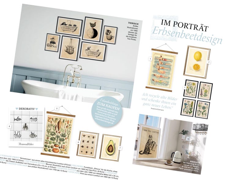 May include: A collection of vintage botanical prints in black frames, featuring illustrations of lemons, flowers, and a cat. The prints are displayed on a white wall with a white bathtub in the background. The text "IM PORTR&Auml;T Erbsenbeetdesign" is visible in the top right corner of the image.