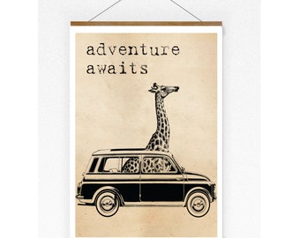 Vintage Print Giraffe Reiseposter travel poster adventure awaits Collage Poster Wanddekoration