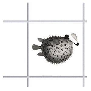 Könnte beinhalten: Schwarz-Weiß-Illustration eines Kugelfisches mit Melone und Pfeife. Der Fisch hat einen stacheligen Körper und ist vor einem weißen Hintergrund platziert.