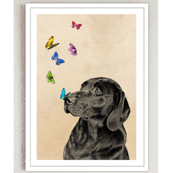 Vintage Print Labrador schwarz Collage Poster Retriever Wanddekoration Wandkunst Schmetterlinge Küchenprint