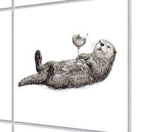 Fliesenaufkleber Otter mit Cocktailglas Fliesensticker als Wandbild geeignet Wandsticker 15cm x 15cm weiß